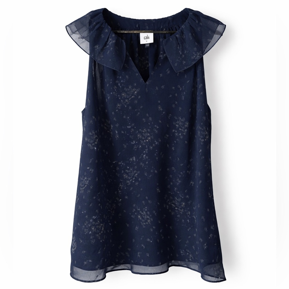 CABI Navy Floral Halter Top Ruffle Neck Double Layer Chiffon Medium